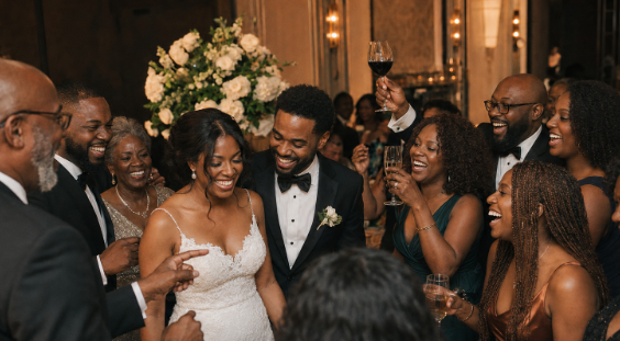 A wedding party celebrating in a grand ballroom, adorned with elegant decorations and guests enjoying the festivities